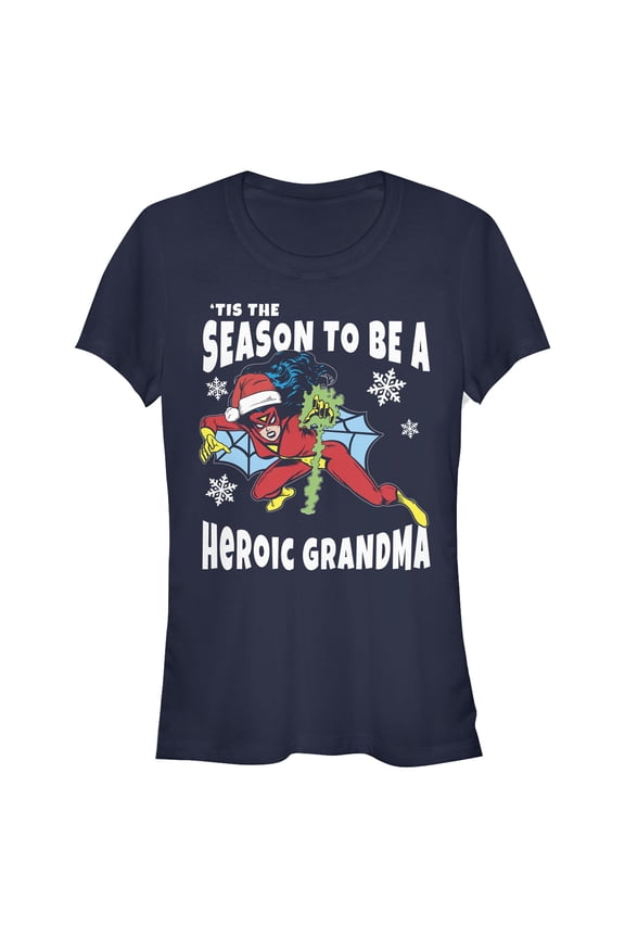 Junior's Marvel Christmas Spider-Woman Heroic Daughter Graphic Tee Navy Blue Medium