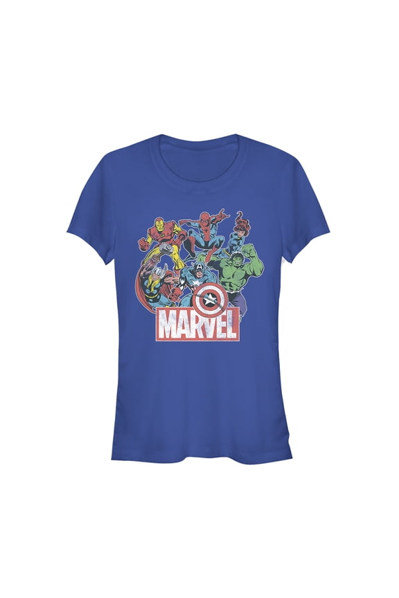 Junior's Marvel Classic Hero Collage  Graphic Tee Royal Blue Large