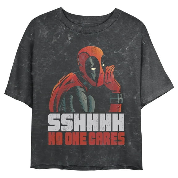 Junior's Marvel Deadpool Distressed Sshhhh No One Cares Graphic Crop T-Shirt