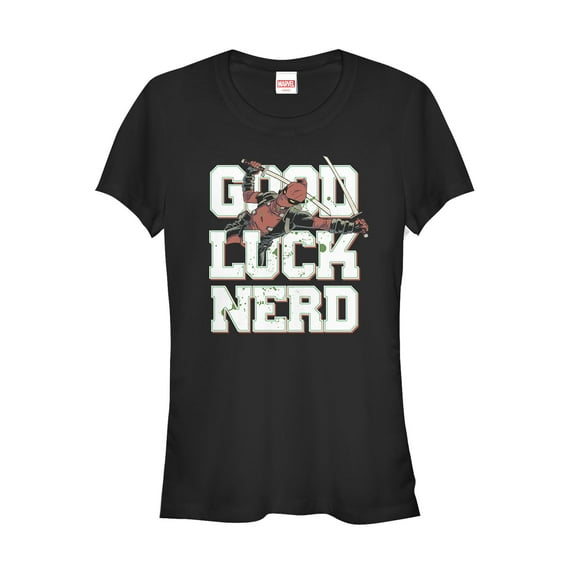Junior's Marvel Deadpool Good Luck Nerd Graphic Tee Black X Large