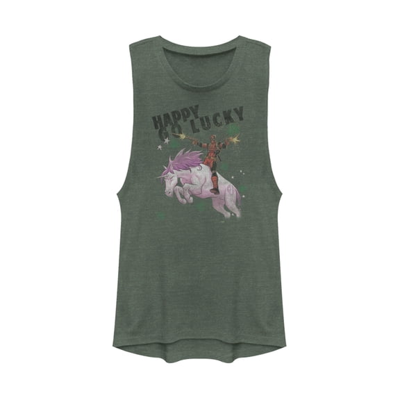 Junior's Marvel Deadpool Lucky Unicorn St. Patrick's Festival Muscle Graphic Tee Pine Green Heather X Small