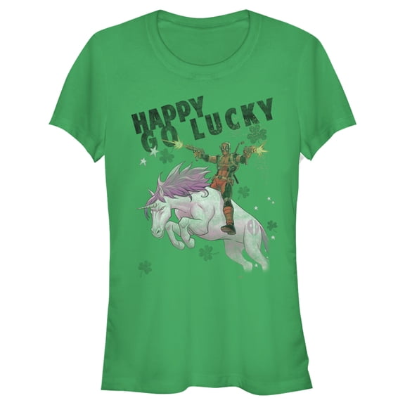 Junior's Marvel Deadpool Lucky Unicorn St. Patrick's  Graphic Tee Kelly Green Small