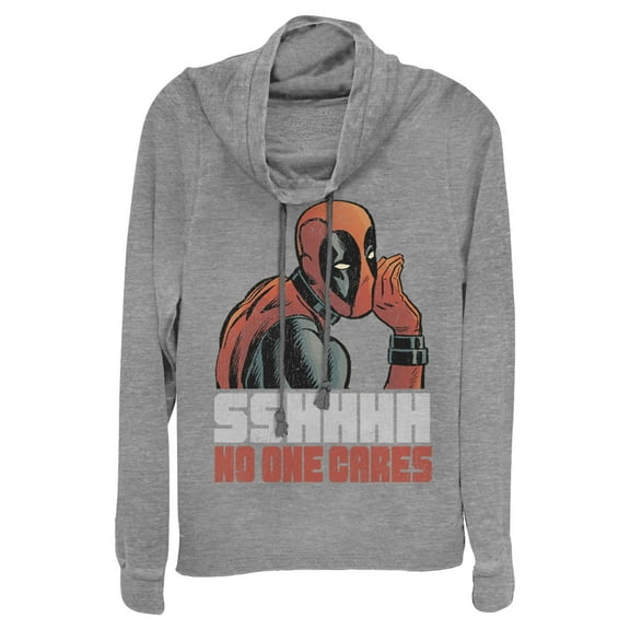 Junior's Marvel Deadpool No One Cares  Cowl Neck Sweatshirt Gray Heather 2X Large