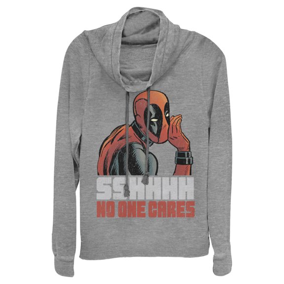Junior's Marvel Deadpool No One Cares Cowl Neck Sweatshirt Gray Heather 4X Large