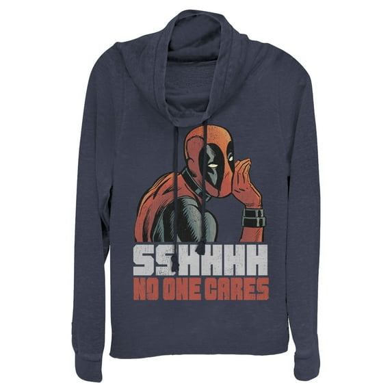 Junior's Marvel Deadpool No One Cares Cowl Neck Sweatshirt Navy Blue 4X Large