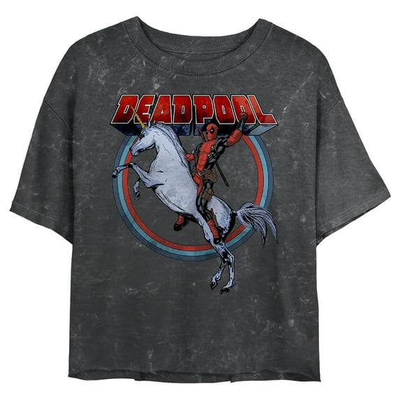 Junior's Marvel Deadpool Unicorn Ride Graphic Crop T-Shirt