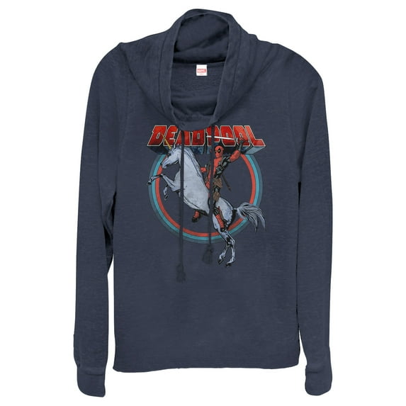 Junior's Marvel Deadpool Rides Unicorn Cowl Neck Sweatshirt Navy Blue Large