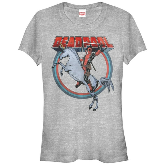 Junior's Marvel Deadpool Rides Unicorn Graphic Tee Athletic Heather Small