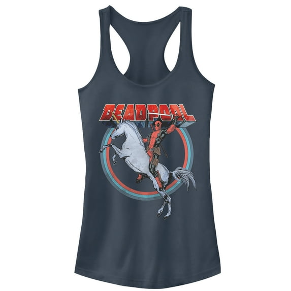 Junior's Marvel Deadpool Rides Unicorn Racerback Tank Top Indigo Small