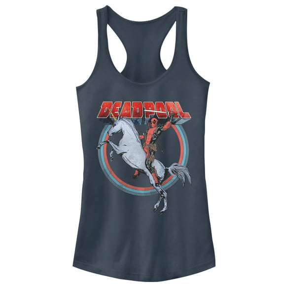 Junior's Marvel Deadpool Rides Unicorn  Racerback Tank Top Indigo X Large