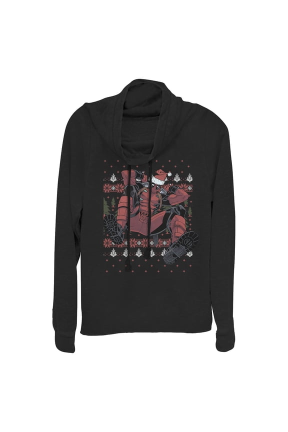 Junior's Marvel Deadpool Santa Hat Ugly Sweater Holiday Cowl Neck Sweatshirt Black X Small