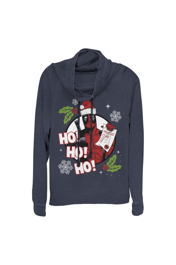 Junior's Marvel Deadpool Santa Naughty List Holiday Cowl Neck Sweatshirt Navy Blue 2X Large