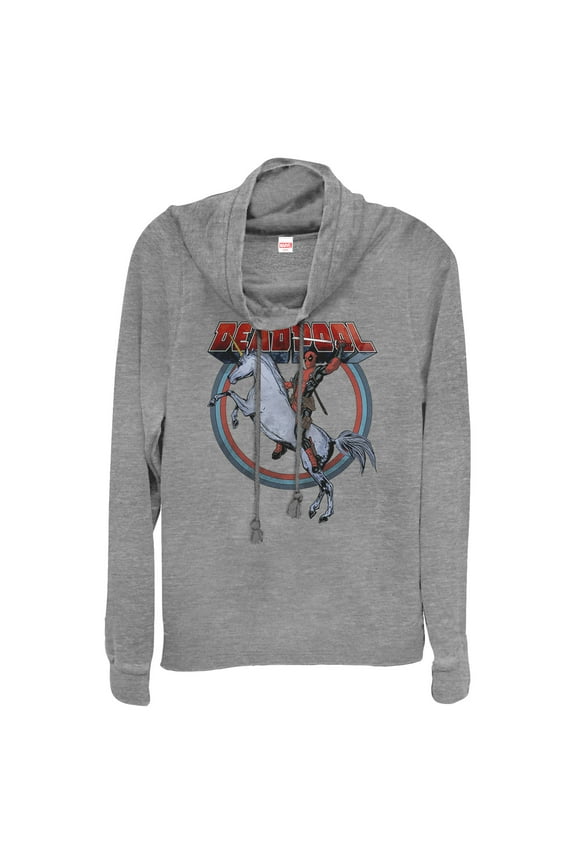 Junior's Marvel Deadpool Unicorn Ride Cowl Neck Sweatshirt