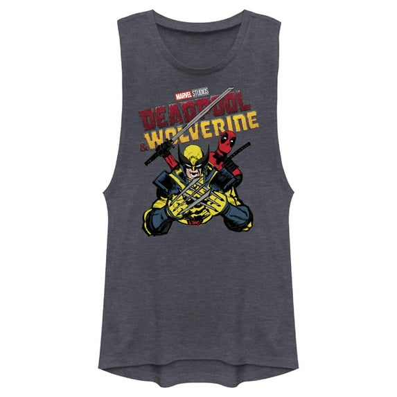 Junior's Marvel: Deadpool & Wolverine Fighting Pose Festival Muscle Graphic T-Shirt