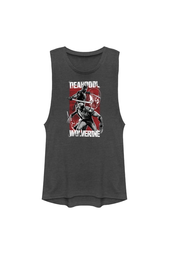 Junior's Marvel: Deadpool & Wolverine Grayscale Poses Festival Muscle Graphic T-Shirt