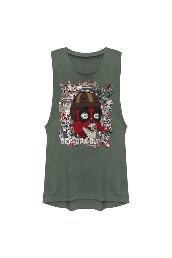 Junior's Marvel: Deadpool & Wolverine Headpool Collage Festival Muscle Graphic T-Shirt