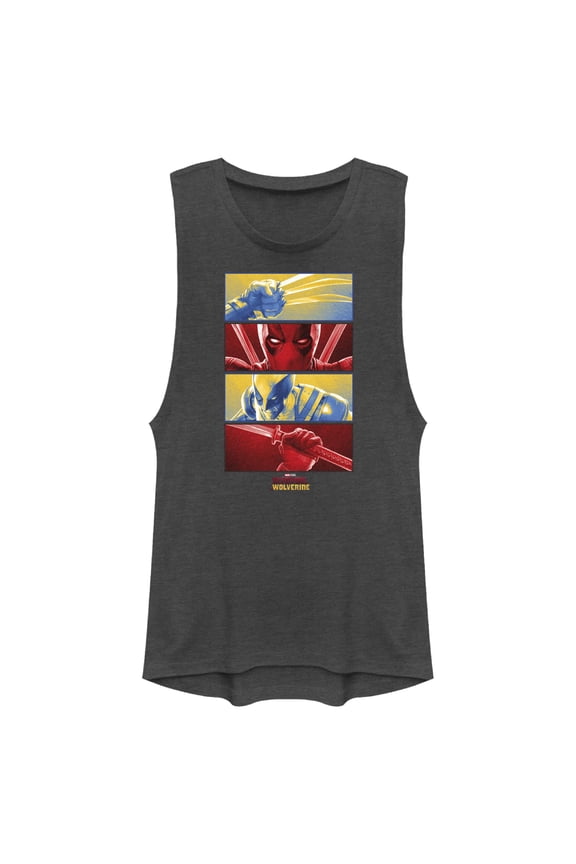 Junior's Marvel: Deadpool & Wolverine Red and Yellow Panels Festival Muscle Graphic T-Shirt