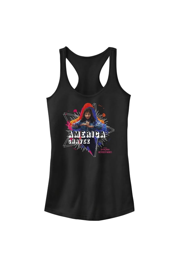 Junior's Marvel Doctor Strange in the Multiverse of Madness America Chavez Paint Splatter Racerback Tank Top Black 2X Large