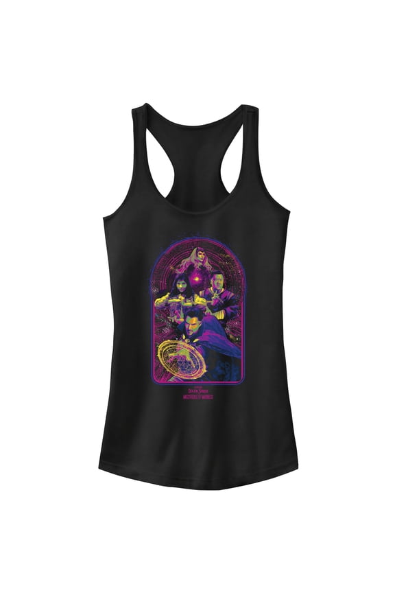 Junior's Marvel Doctor Strange in the Multiverse of Madness Neon Group Shot Racerback Tank Top Black Medium