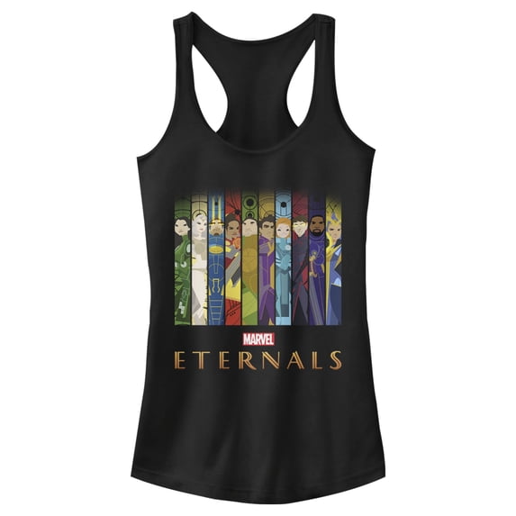 Junior's Marvel Eternals Animated Vertical Boxes Poster Racerback Tank Top Black X Small