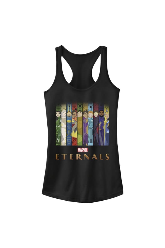 Junior's Marvel Eternals Animated Vertical Boxes Poster Racerback Tank Top Black X Small