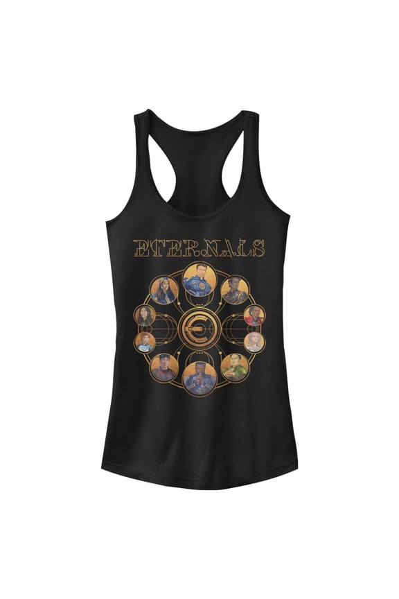 Junior's Marvel Eternals Circular Gold Racerback Tank Top Black Large