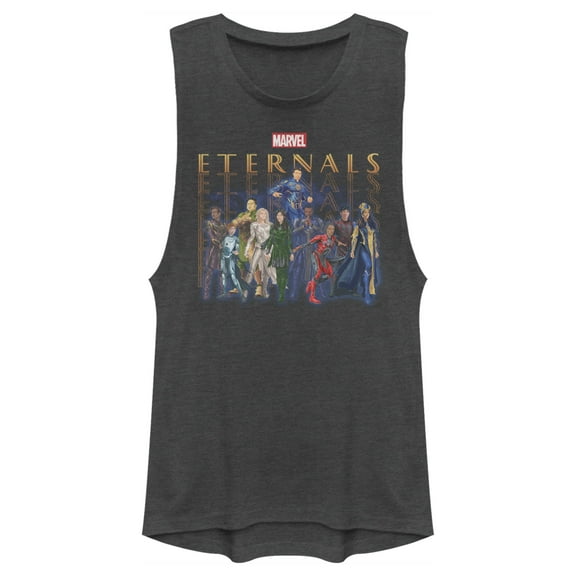 Junior's Marvel Eternals Group Repeating Festival Muscle Graphic Tee Charcoal 2X Large