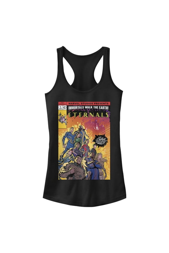 Junior's Marvel Eternals Heroes Comic Book Cover  Racerback Tank Top Black Small