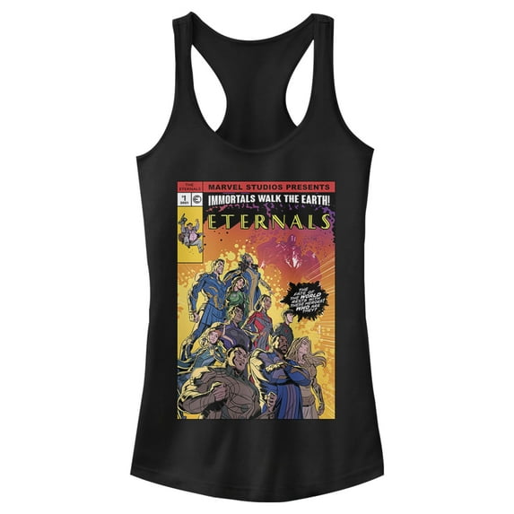 Junior's Marvel Eternals Heroes Comic Book Cover Racerback Tank Top Black X Small