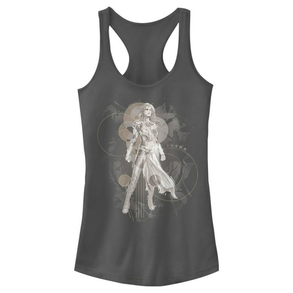 Junior's Marvel Eternals Thena Circles Racerback Tank Top Charcoal X Large
