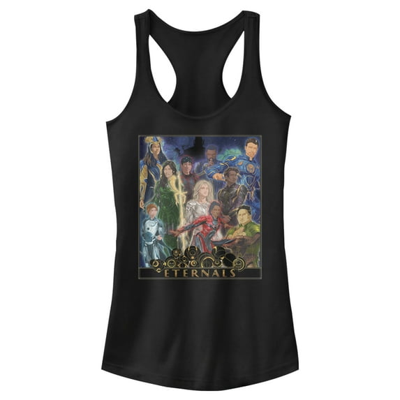 Junior's Marvel Eternals Watercolor Poster Racerback Tank Top Black X Small