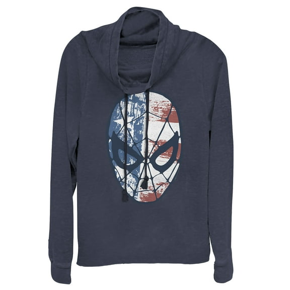 Junior's Marvel Fourth of July  Spider-Man American Flag Mask  Cowl Neck Sweatshirt Navy Blue 2X Large
