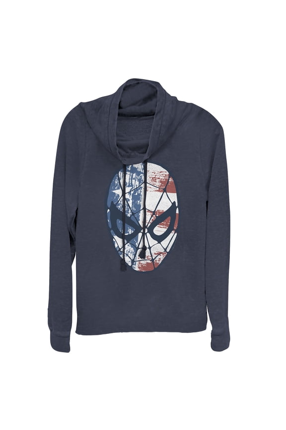 Junior's Marvel Fourth of July Spider-Man American Flag Mask Cowl Neck Sweatshirt Navy Blue Medium