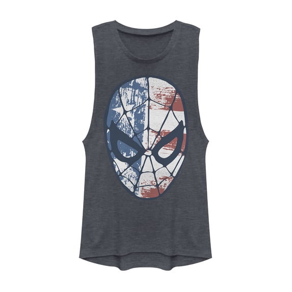 Junior's Marvel Fourth of July Spider-Man American Flag Mask Festival Muscle Graphic Tee Denim Blue Heather X Small