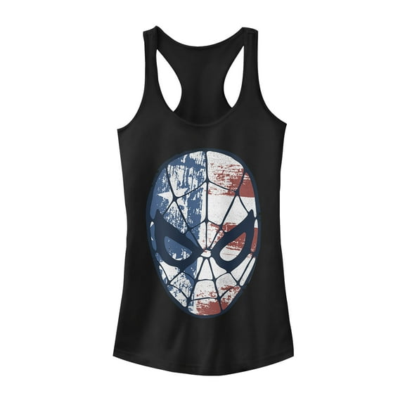 Junior's Marvel Fourth of July  Spider-Man American Flag Mask  Racerback Tank Top Black Medium
