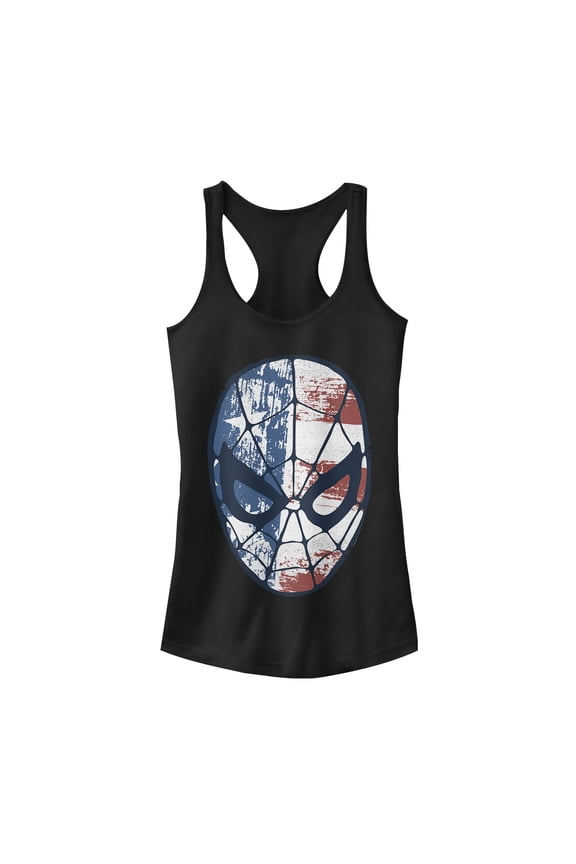 Junior's Marvel Fourth of July Spider-Man American Flag Mask Racerback Tank Top Black Medium