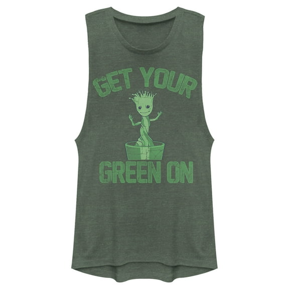 Junior's Marvel Groot St. Patrick's Day Get Your Green On  Festival Muscle Graphic Tee Pine Green Heather Large