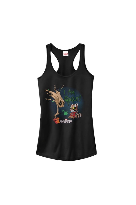 Junior's Marvel Guardians of Galaxy Groot Rocket Cartoon Racerback Tank Top Black Large