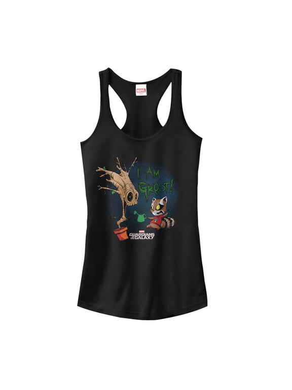 Junior's Marvel Guardians of Galaxy Groot Rocket Cartoon Racerback Tank Top Black Small