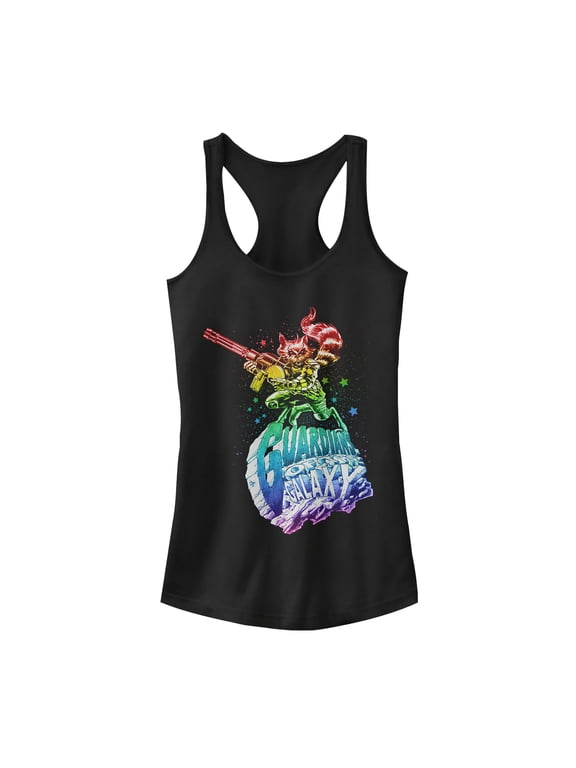 Junior's Marvel Guardians of the Galaxy Rainbow Rocket Racerback Tank Top Black Small