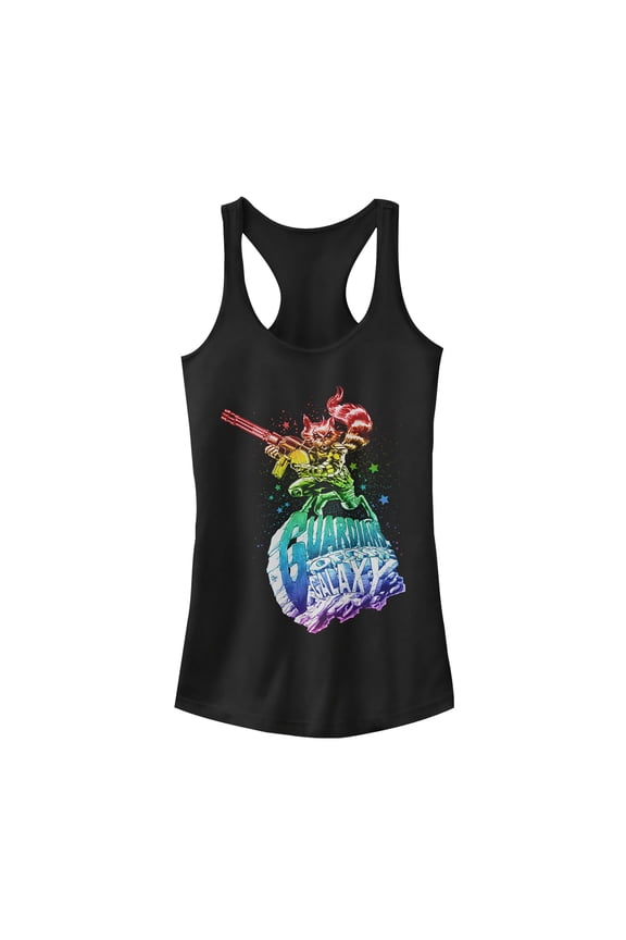 Junior's Marvel Guardians of the Galaxy Rainbow Rocket Racerback Tank Top Black X Large