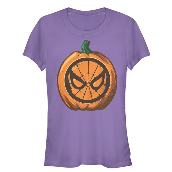 Junior's Marvel Halloween Spider-Man Mask Pumpkin Graphic Tee Purple X Large