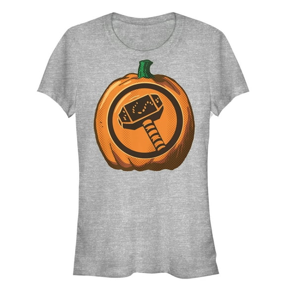 Junior's Marvel Halloween Thor Hammer Pumpkin Graphic Tee Athletic Heather Small