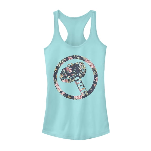 Junior's Marvel Hammer Thor Floral Print Racerback Tank Top Cancun X Small