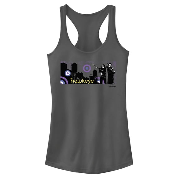 Junior's Marvel Hawkeye Cityscape Racerback Tank Top Charcoal Large