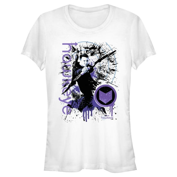 Junior's Marvel Hawkeye Clint Barton Bow Ready Paint Splatter Graphic Tee White X Large