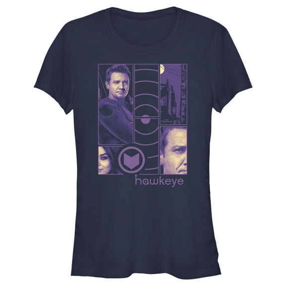 Junior's Marvel Hawkeye Purple Panels Graphic Tee Navy Blue Small