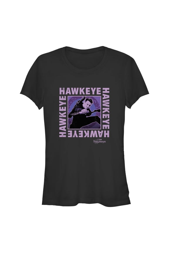 Junior's Marvel Hawkeye Ready To Shoot Bow Purple Box Graphic Tee Black Medium