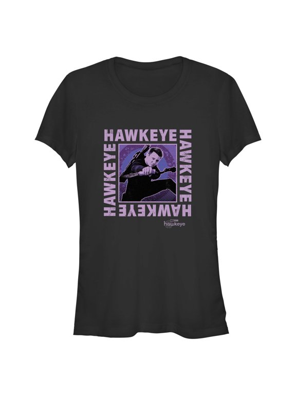 Junior's Marvel Hawkeye Ready To Shoot Bow Purple Box Graphic Tee Black Small