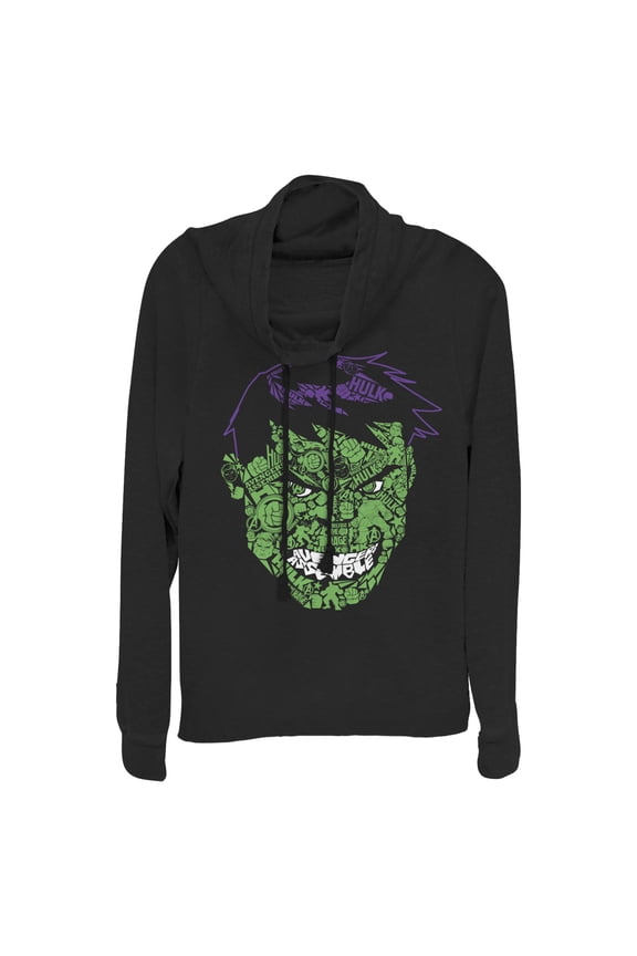 Junior's Marvel Hulk Angry Face Build Up Fill  Cowl Neck Sweatshirt Black Medium